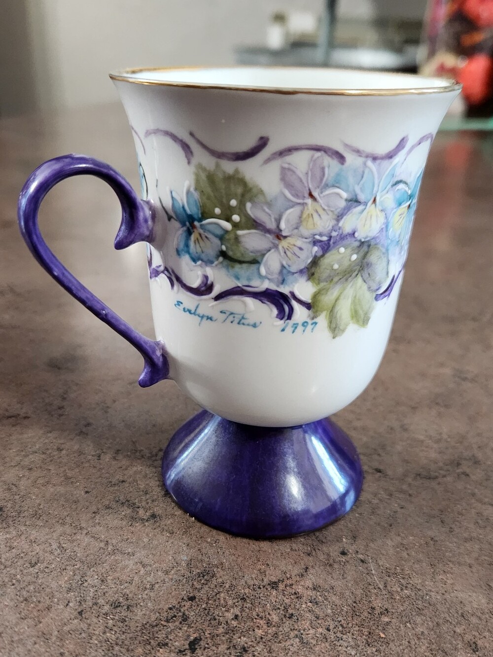 Vintage Y2K Pedestal Tea Mug With Hand-painted Violet Floral Artwork Signed